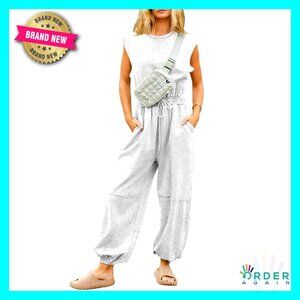 Oversized Jumpsuit Wide Leg Pants Crewneck Cap Sleeve Drawstring Romper with